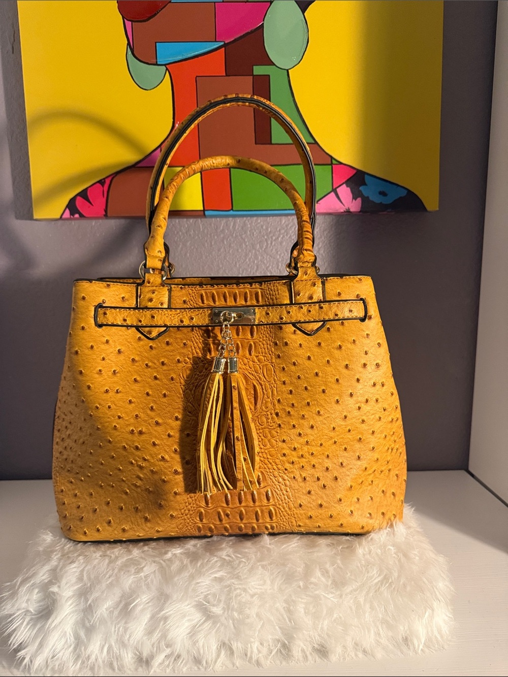 Yellow Ostrich-Texture Tassel Tote Bag